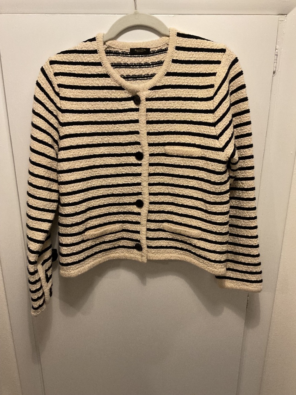 Massimo Dutti Navy and Ecru Striped Cardigan, Size Medium